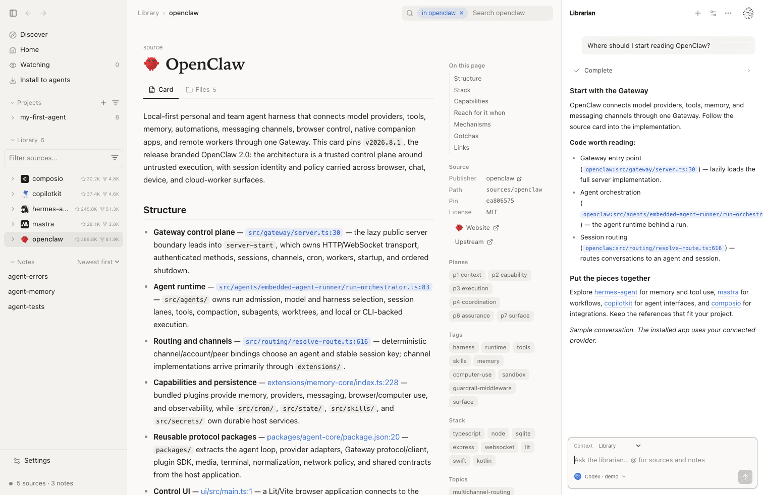 Agent Library on a Mac, with source projects, the OpenClaw code reference, and the librarian.
